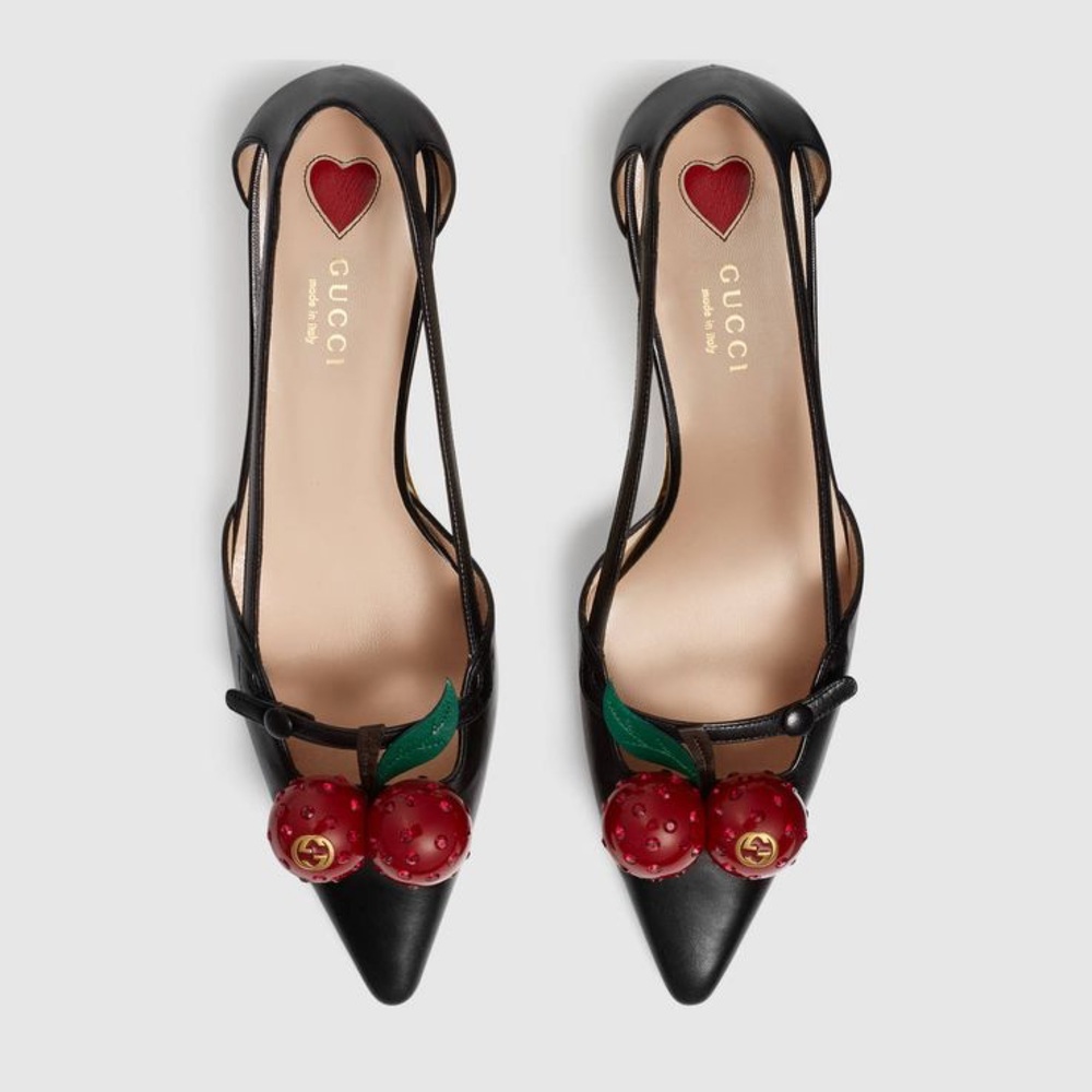 [SOLD] Gucci Unia Cherry Rhinestone Black Slingback Heels